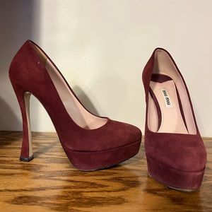 Miu Miu Burgundy Suede Platform Curved Heels